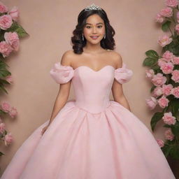 A medium-sized, pale Filipina with her hair down, wearing a modernized full off-shoulder perfect pink gown with puffy sleeves, designed for prom. The gown blends the styles of Charlotte's dress from Princess and the Frog and Bridgerton, complete with a corset-like top.