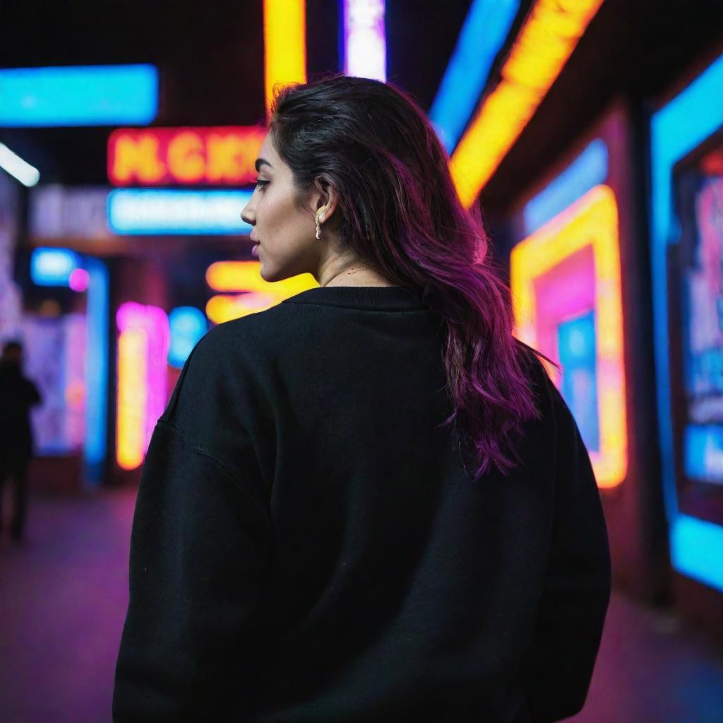 The back view of a Mexican woman wearing a black sweatshirt, surrounded by a vivid backdrop of neon lights.