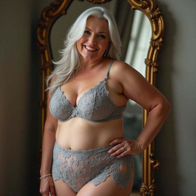 A 60-year-old curvy woman with soft wrinkles and long silver hair poses gracefully in front of an ornate mirror, dressed in elegant soft grey lace lingerie that highlights her full, feminine figure