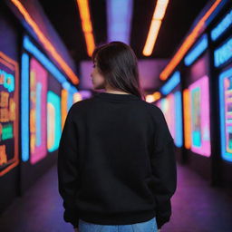 The back view of a Mexican woman wearing a black sweatshirt, surrounded by a vivid backdrop of neon lights.