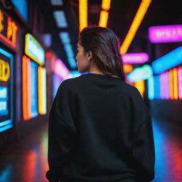 The back view of a Mexican woman wearing a black sweatshirt, surrounded by a vivid backdrop of neon lights.