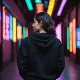 The back view of a Mexican woman wearing a black sweatshirt, surrounded by a vivid backdrop of neon lights.