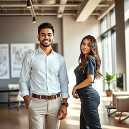 A handsome Indonesian man of Turkish descent, showcasing his success as an architect in a sleek, modern office