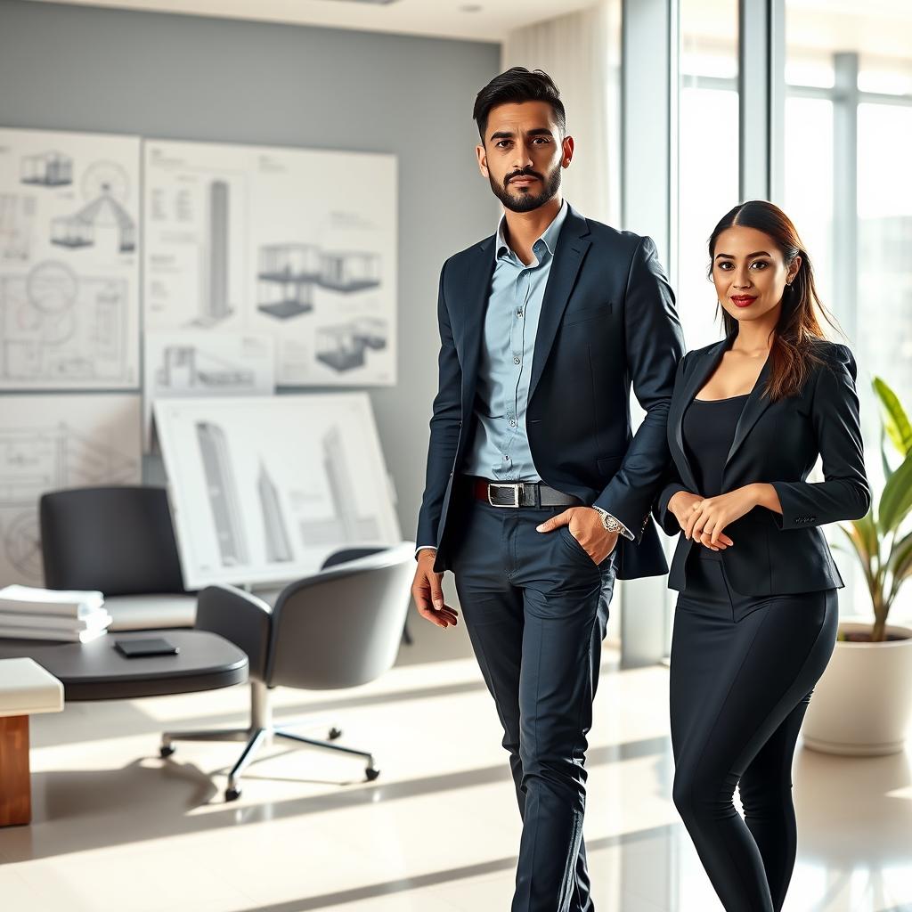 A handsome Indonesian man of Turkish descent, showcasing his success as an architect in a sleek, modern office