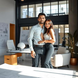 A handsome Indonesian man of Turkish descent, showcasing his success as an architect in a sleek, modern office
