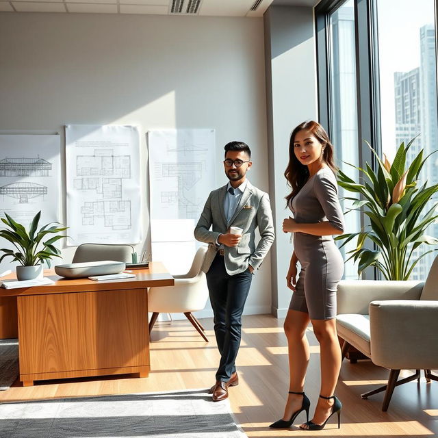 A handsome Indonesian man of Turkish descent, showcasing his success as an architect in a sleek, modern office