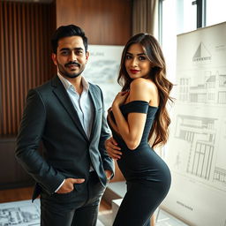 A strikingly handsome Indonesian man of Turkish descent, embodying success as an architect in a sophisticated office