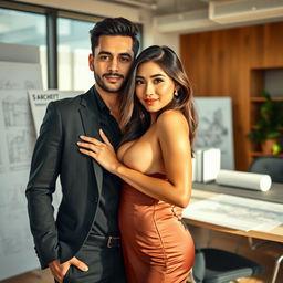A strikingly handsome Indonesian man of Turkish descent, embodying success as an architect in a sophisticated office