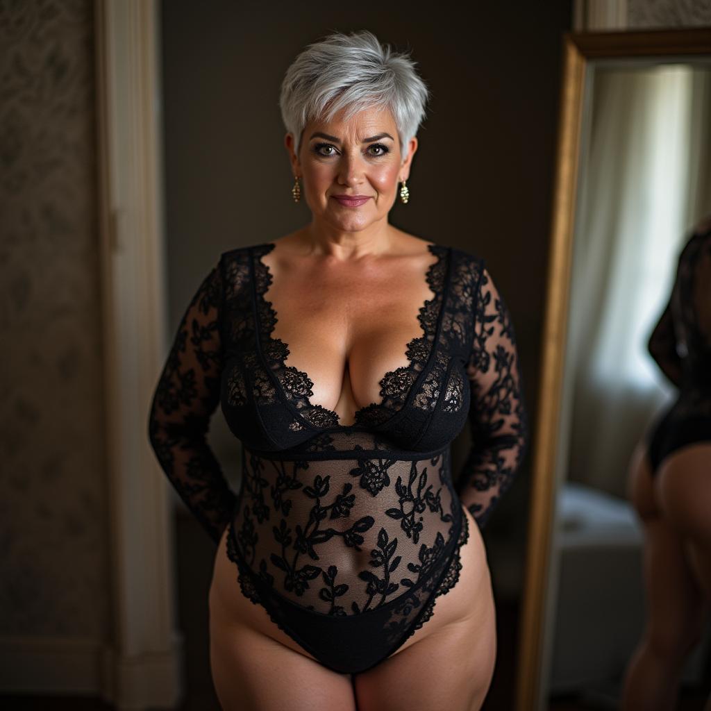 A confident curvy woman with short, salt-and-pepper hair stands proudly by a tall mirror, dressed in revealing sheer black lace lingerie that beautifully highlights her curves