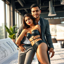 A strikingly handsome Indonesian man of Turkish descent, representing success as an architect in a modern office environment