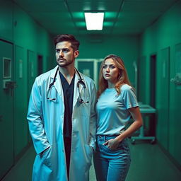 A couple in a setting with green and blue tones, with a morgue in the background