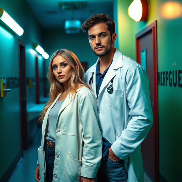 A couple in a setting with green and blue tones, with a morgue in the background