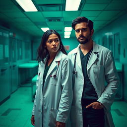 A couple in a setting with green and blue tones, with a morgue in the background