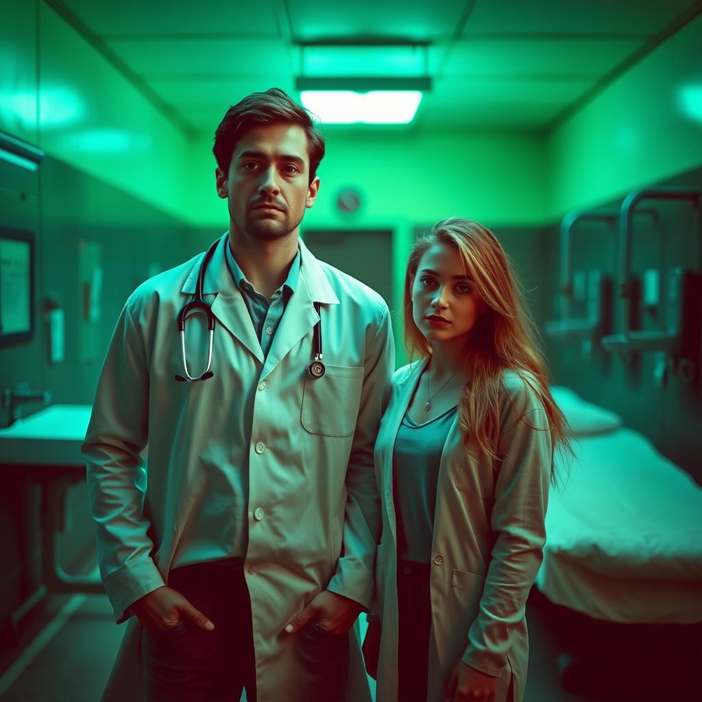 A couple in a setting with green and blue tones, with a morgue in the background