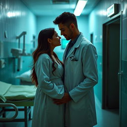 A romantic scene featuring a couple in a setting characterized by green and blue colors, with a morgue in the background