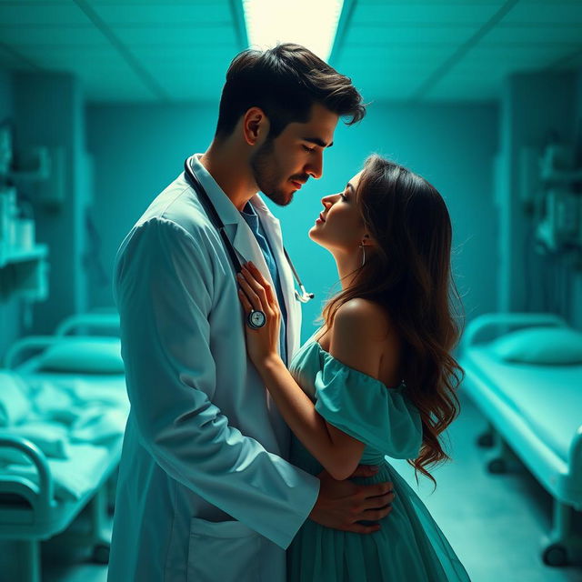 A romantic scene featuring a couple in a setting characterized by green and blue colors, with a morgue in the background