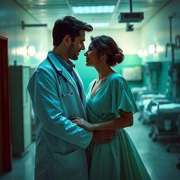 A romantic scene featuring a couple in a setting characterized by green and blue colors, with a morgue in the background