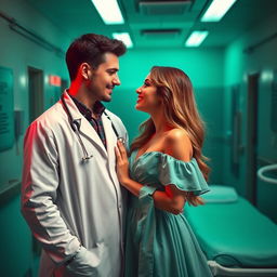 A romantic scene featuring a couple in a setting characterized by green and blue colors, with a morgue in the background