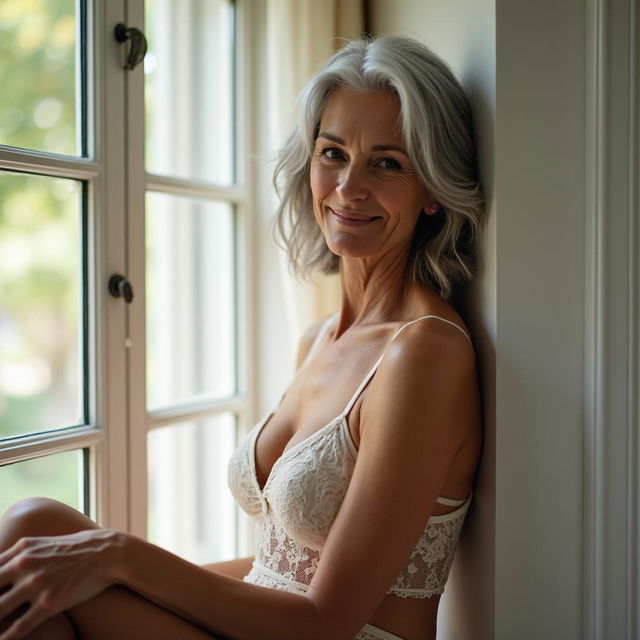 A 66-year-old woman with soft wrinkles across her forehead and cheeks leans casually against a large window, dressed in elegant ivory lace lingerie that softly highlights her figure