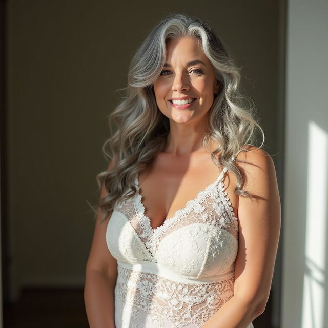 A curvy woman in her 60s with long grey hair and soft wrinkles around her mouth and eyes stands elegantly in a softly lit room, wearing delicate white lace that gracefully hugs her curves