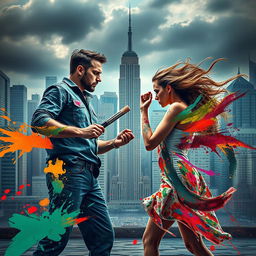 An epic confrontation between two talented artists, embodying power and creativity, unfolds in a dramatic urban setting