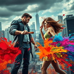 An epic confrontation between two talented artists, embodying power and creativity, unfolds in a dramatic urban setting