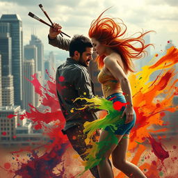 An epic confrontation between two talented artists, embodying power and creativity, unfolds in a dramatic urban setting
