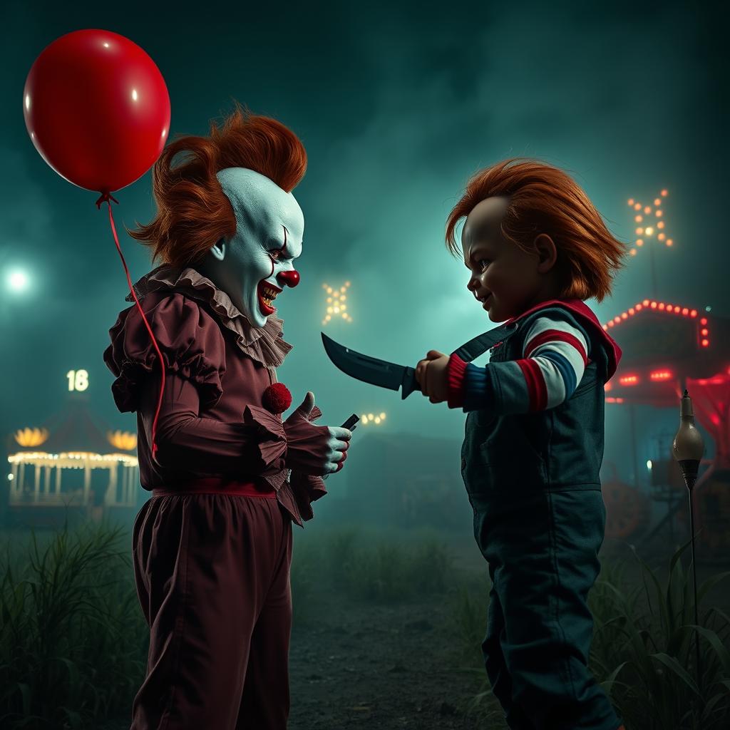 A dramatic showdown between Pennywise the Dancing Clown and Chucky the doll in a dark, eerie setting reminiscent of an abandoned amusement park in 2025