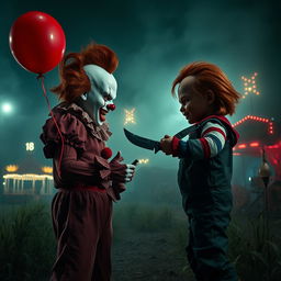 A dramatic showdown between Pennywise the Dancing Clown and Chucky the doll in a dark, eerie setting reminiscent of an abandoned amusement park in 2025