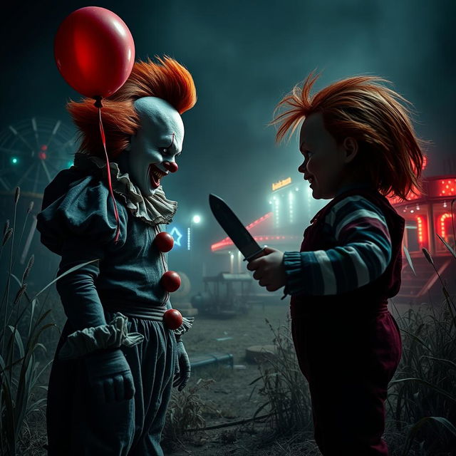 A dramatic showdown between Pennywise the Dancing Clown and Chucky the doll in a dark, eerie setting reminiscent of an abandoned amusement park in 2025