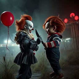 A dramatic showdown between Pennywise the Dancing Clown and Chucky the doll in a dark, eerie setting reminiscent of an abandoned amusement park in 2025