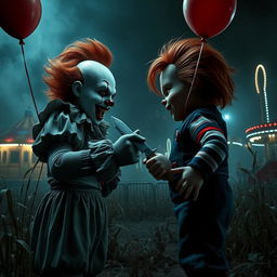A dramatic showdown between Pennywise the Dancing Clown and Chucky the doll in a dark, eerie setting reminiscent of an abandoned amusement park in 2025