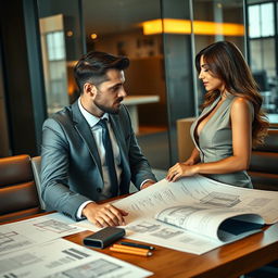 A successful, handsome male architect in a tailored suit, exuding confidence and charm, is seen interacting with a stunning woman