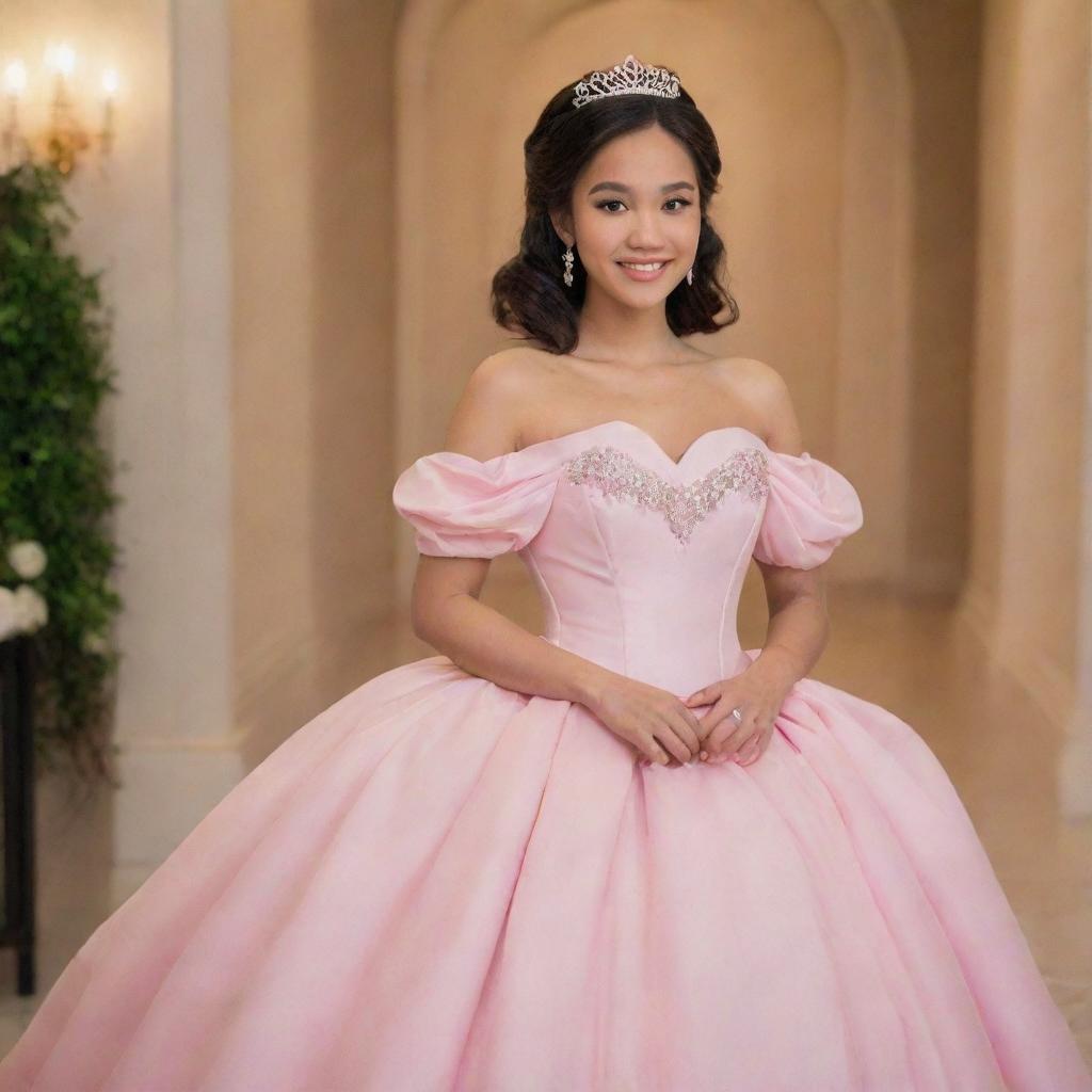 A medium-sized, pale Filipina, with her hair down, transformed into a modern prom vision. She dons a perfect pink, full off-shoulder gown with puffy sleeves, that blends the charm of Charlotte’s pink dress from Princess and the Frog and the elegance of Bridgerton, with a corset-like top.