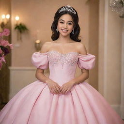 A medium-sized, pale Filipina, with her hair down, transformed into a modern prom vision. She dons a perfect pink, full off-shoulder gown with puffy sleeves, that blends the charm of Charlotte’s pink dress from Princess and the Frog and the elegance of Bridgerton, with a corset-like top.