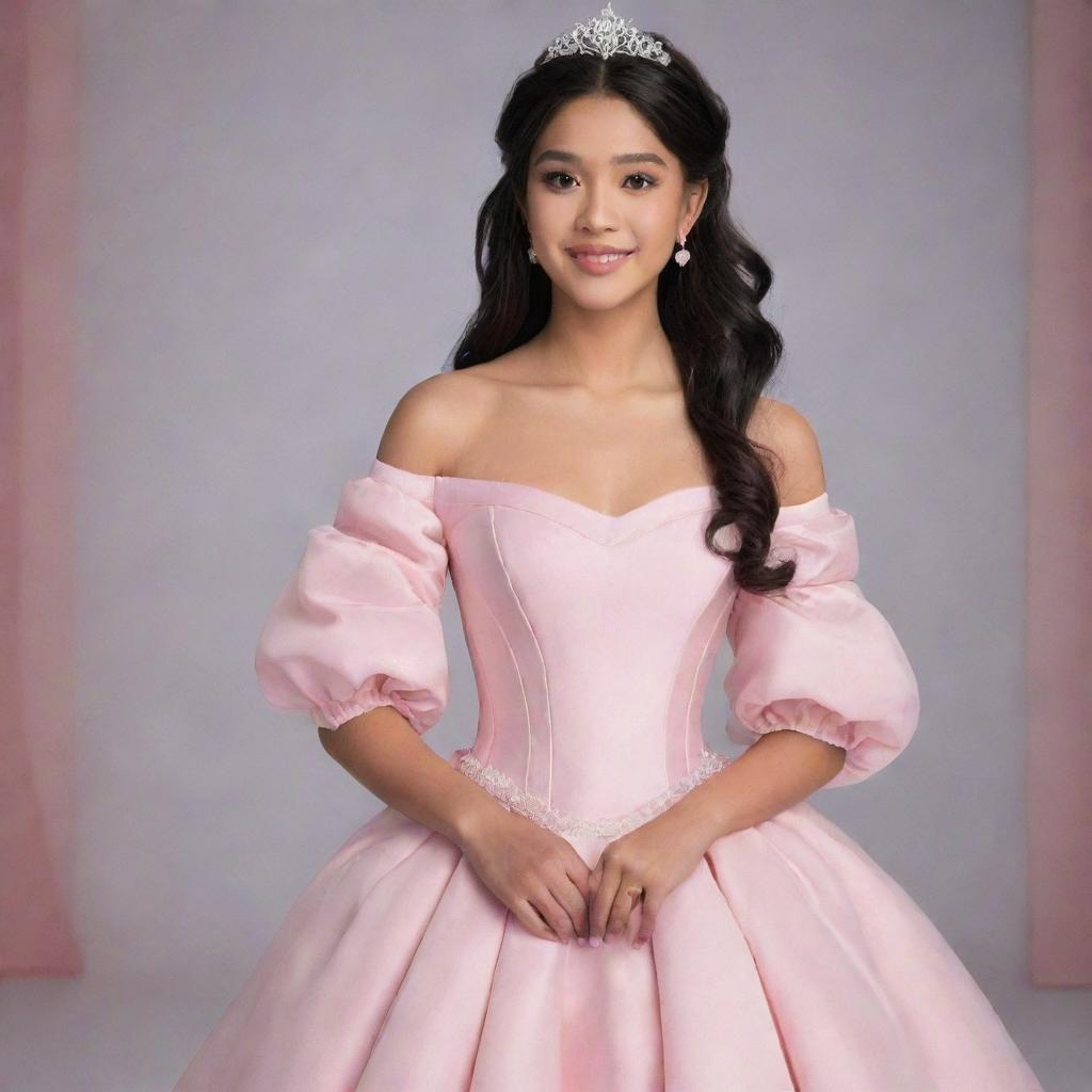 A medium-sized, pale Filipina, with her hair down, transformed into a modern prom vision. She dons a perfect pink, full off-shoulder gown with puffy sleeves, that blends the charm of Charlotte’s pink dress from Princess and the Frog and the elegance of Bridgerton, with a corset-like top.