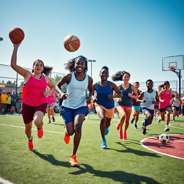 A dynamic and energetic scene showcasing a group of athletic individuals engaged in various sports activities such as basketball, soccer, and running