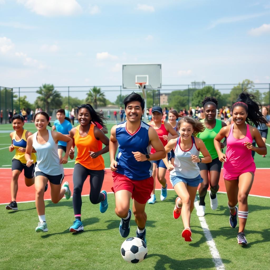 A dynamic and energetic scene showcasing a group of athletic individuals engaged in various sports activities such as basketball, soccer, and running