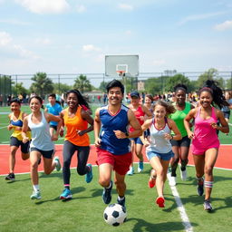 A dynamic and energetic scene showcasing a group of athletic individuals engaged in various sports activities such as basketball, soccer, and running