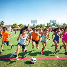 A dynamic and energetic scene showcasing a group of athletic individuals engaged in various sports activities such as basketball, soccer, and running