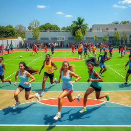 A dynamic and energetic scene showcasing a group of athletic individuals engaged in various sports activities such as basketball, soccer, and running