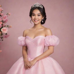 A medium-sized, pale Filipina, with her hair down, transformed into a modern prom vision. She dons a perfect pink, full off-shoulder gown with puffy sleeves, that blends the charm of Charlotte’s pink dress from Princess and the Frog and the elegance of Bridgerton, with a corset-like top.