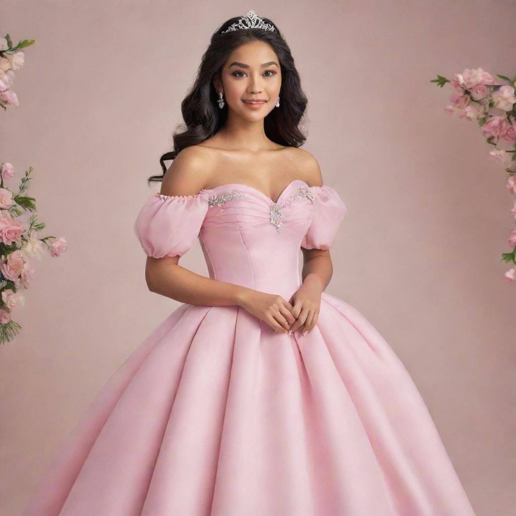 A gracefully poised, large-sized, pale Filipina with her hair down, ready for prom in a modernized, full off-shoulder, perfect pink gown with puffy sleeves. The garment captures the essence of Charlotte's pink dress from Princess and the Frog and Bridgerton's elegance with a corset-like top.