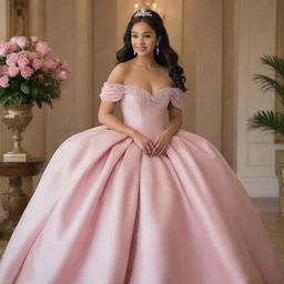 A gracefully poised, large-sized, pale Filipina with her hair down, ready for prom in a modernized, full off-shoulder, perfect pink gown with puffy sleeves. The garment captures the essence of Charlotte's pink dress from Princess and the Frog and Bridgerton's elegance with a corset-like top.