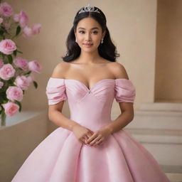 A gracefully poised, large-sized, pale Filipina with her hair down, ready for prom in a modernized, full off-shoulder, perfect pink gown with puffy sleeves. The garment captures the essence of Charlotte's pink dress from Princess and the Frog and Bridgerton's elegance with a corset-like top.