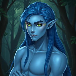 A male moon elf warlock standing confidently against a mystical forest backdrop