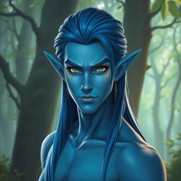 A male moon elf warlock standing confidently against a mystical forest backdrop