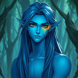 A male moon elf warlock standing confidently against a mystical forest backdrop