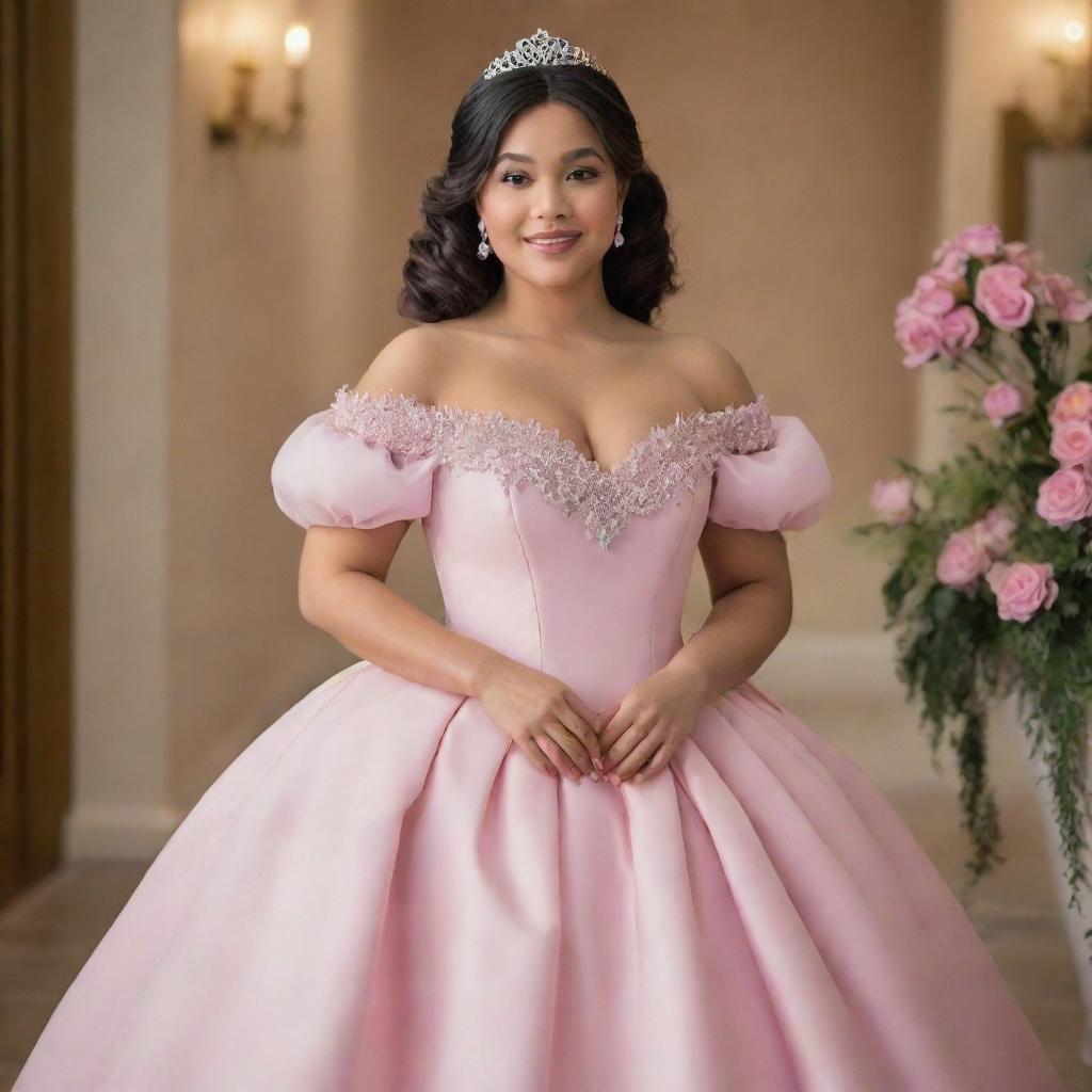 A large-sized, pale Filipina with her hair down, elegantly dressed for prom in a modernized full off-shoulder perfect pink gown with puffy sleeves and a modest neckline, drawing inspiration from both Charlotte's pink dress from Princess and the Frog and Bridgerton's style featuring a corset-like top.