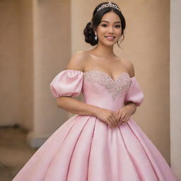 A large-sized, pale Filipina with her hair down, elegantly dressed for prom in a modernized full off-shoulder perfect pink gown with puffy sleeves and a modest neckline, drawing inspiration from both Charlotte's pink dress from Princess and the Frog and Bridgerton's style featuring a corset-like top.